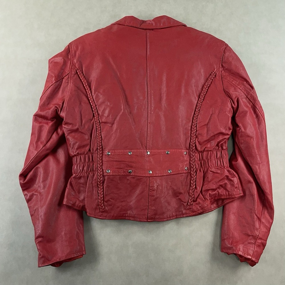 Unik Ultra Red Womens Leather Motorcycle Jacket Removable Liner Large Braid Trim - Picture 2 of 16